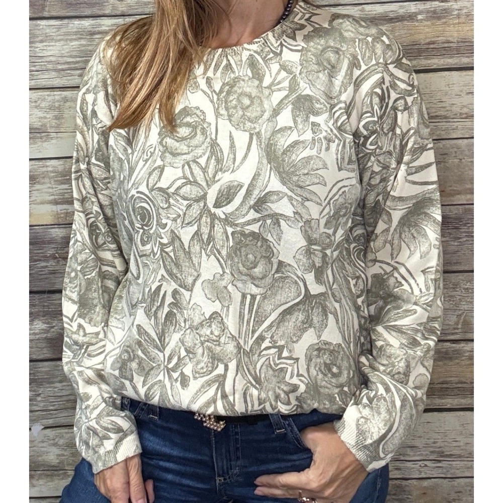 Vintage 90s Momcore Jones New York Floral Botanical Crew Neck Sweater Earthy